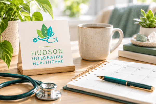Hudson Integrative Healthcare desk scene with clinic branding, stethoscope, planner and wellness workspace.