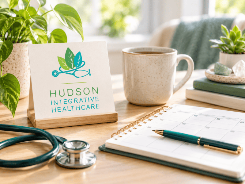 Hudson Integrative Healthcare desk scene with clinic branding, stethoscope, planner and wellness workspace.