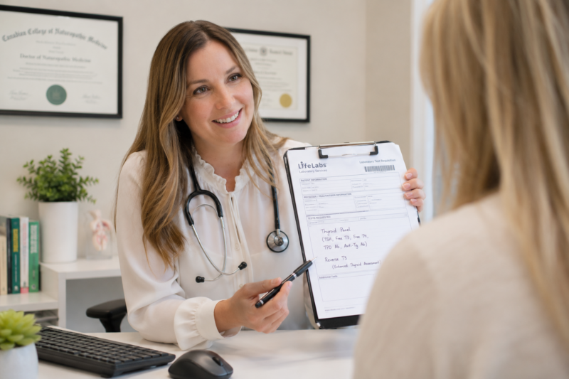 Naturopathic doctor holding a LifeLabs requisition and discussing thyroid blood tests with a patient.