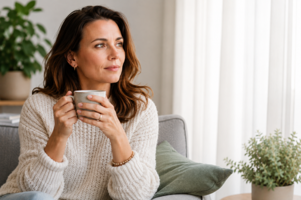 Woman in her 40s reflecting on changes in her health and symptoms during perimenopause.
