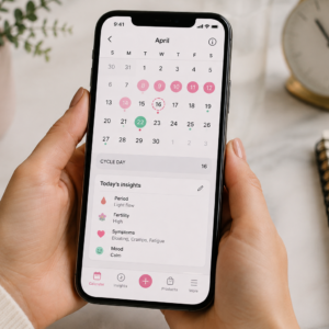 Woman using a period tracking app to monitor menstrual cycles, symptoms and cycle changes during perimenopause.