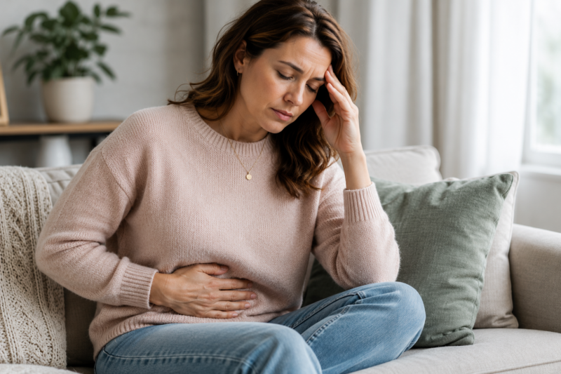Woman experiencing PMS, bloating and menstrual changes that may occur during early perimenopause.