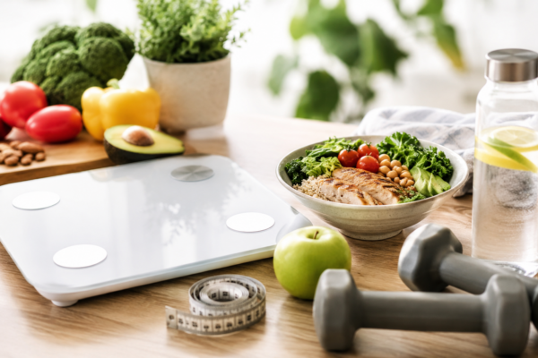 Healthy meal, smart scale, dumbbells and measuring tape representing healthy weight loss, body composition and metabolic health.