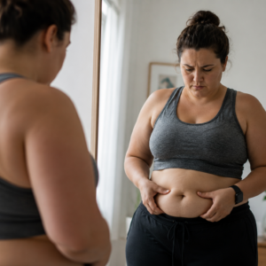 Woman looking at her abdomen in the mirror while noticing changes in belly fat and body composition.
