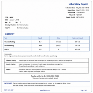 Sample laboratory report showing fasting glucose, fasting insulin and HbA1c results used to assess blood sugar regulation and metabolic health.