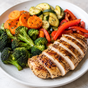Balanced meal with grilled chicken, broccoli, zucchini, carrots and red peppers providing protein, fibre and vegetables.