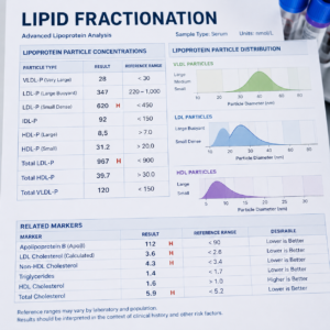 Sample lipid fractionation test showing LDL, HDL and VLDL particle distribution alongside ApoB and standard cholesterol markers.