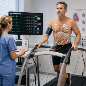 Patient completing a treadmill cardiac stress test while heart rate, blood pressure and ECG activity are monitored by a healthcare professional.