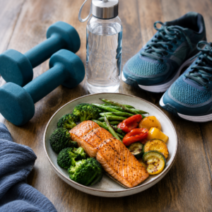 Salmon and vegetable meal beside dumbbells, running shoes and water, representing nutrition and exercise for cardiovascular health.