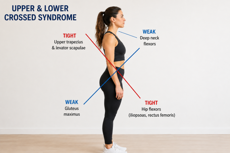 Side profile of a woman demonstrating posture associated with upper and lower crossed syndrome, including forward head posture and anterior pelvic tilt.