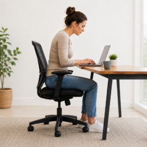 Woman sitting at a desk working on a laptop with forward head and rounded shoulder posture from prolonged sitting.