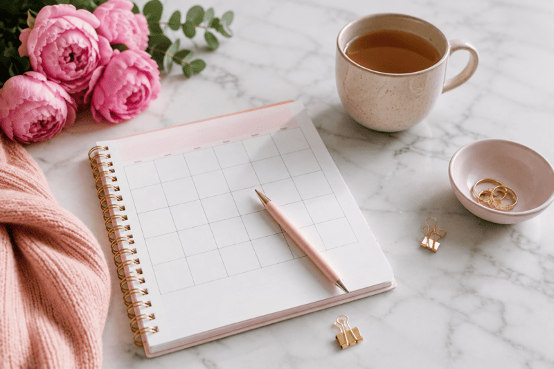 Menstrual cycle calendar with tea and flowers representing PMS and PMDD symptom tracking