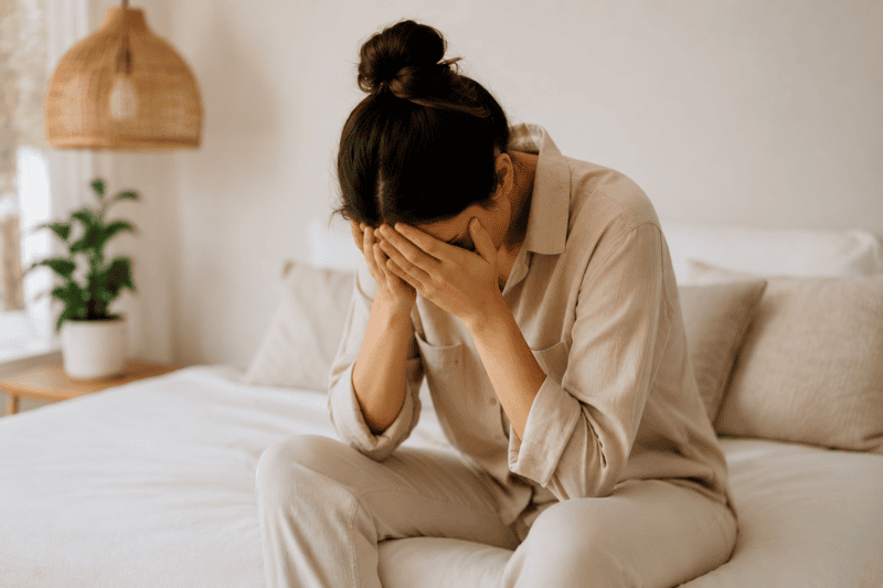 Woman sitting on a bed feeling overwhelmed, representing emotional symptoms of PMS and PMDD