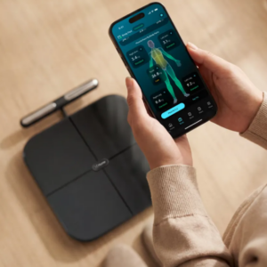 Hume Health smart scale and mobile app displaying body fat, visceral fat, muscle mass, weight and BMI measurements.