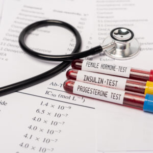 Blood sample vials for progesterone and estradiol hormone testing during a perimenopause assessment.
