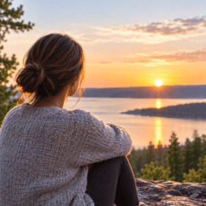 Woman sitting alone overlooking a peaceful lake at sunset during a reflective moment.