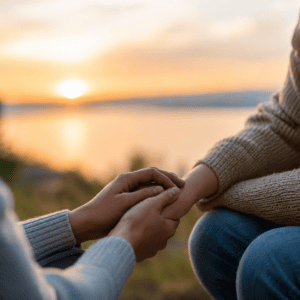 A close-up of one person gently holding another person’s hands outdoors at sunset, representing emotional support, connection and being present for someone who may be struggling with their mental health.