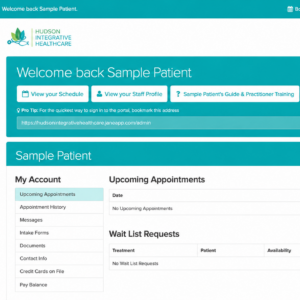 Sample patient dashboard in the Jane online patient portal for Hudson Integrative Healthcare.