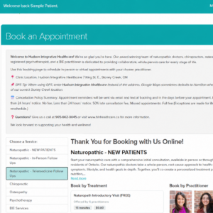 Sample patient viewing the online appointment booking page for Hudson Integrative Healthcare.