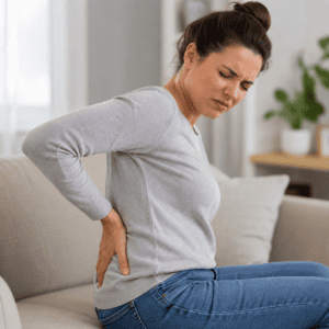 Woman sitting on a couch holding her lower back in pain, illustrating sudden or persistent low back discomfort.