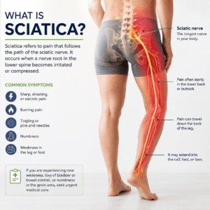Sciatica anatomy illustration showing the sciatic nerve running from the lower back through the buttock and down the leg, with common symptoms of nerve irritation.