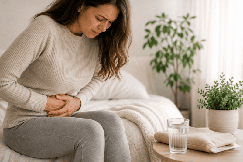 Woman experiencing lower abdominal pain associated with ovulation and pelvic discomfort.