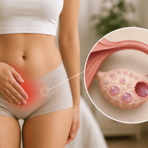 Woman experiencing one-sided pelvic pain with an illustration showing an ovary releasing an egg during ovulation.