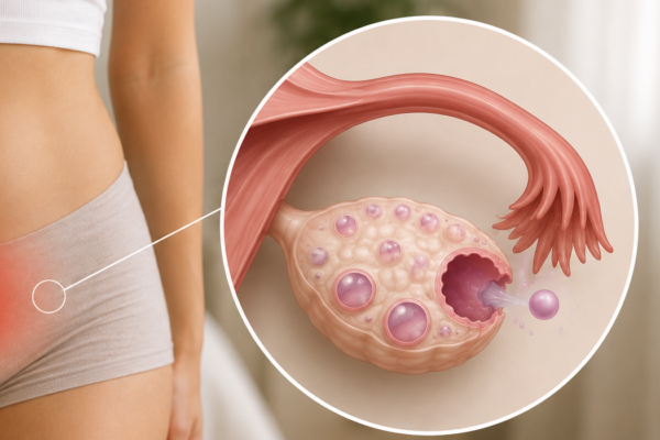 Woman experiencing one-sided pelvic pain with an illustration showing an ovary releasing an egg during ovulation.