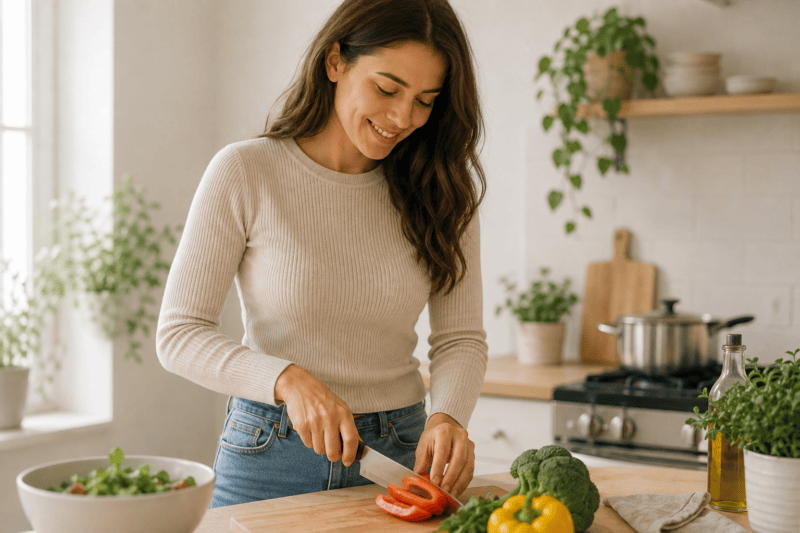 Woman preparing a colourful, nutrient-rich meal as part of a healthy lifestyle for menstrual and hormonal health.