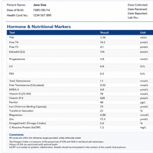Example laboratory results showing reproductive hormones, thyroid markers and nutritional markers that may be considered when assessing menstrual and ovulation concerns.