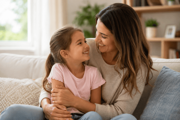 Mother and young child smiling together, representing family support for childhood constipation and digestive health.