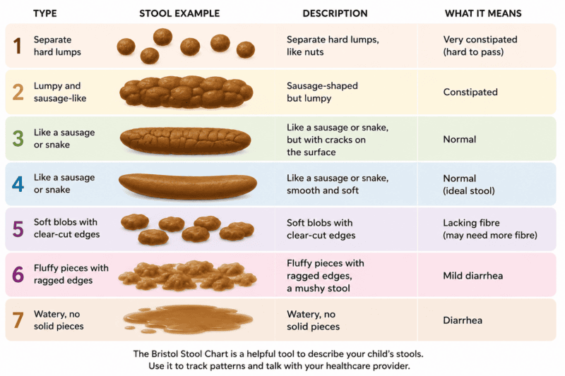 Bristol Stool Chart showing seven stool types from hard pellet-like stools to loose and watery stools.