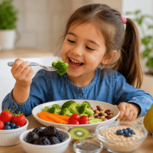 Young child eating a fibre-rich meal with vegetables, beans, fruit, berries, prunes and whole foods to support healthy bowel movements.