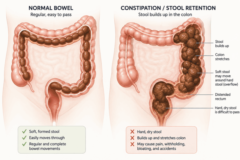 Medical illustration comparing a normal bowel with constipation, retained hard stool, a stretched colon and overflow around impacted stool.