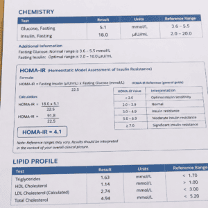 Sample blood test results showing fasting glucose, fasting insulin and a HOMA-IR calculation used to assess insulin resistance.