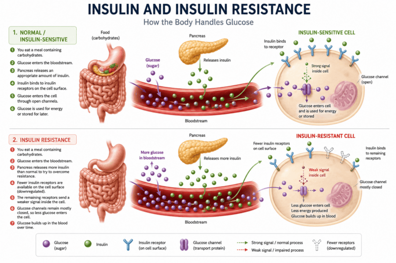 Medical illustration comparing normal insulin sensitivity with insulin resistance, showing fewer insulin receptors, weaker cell signalling and reduced glucose uptake.