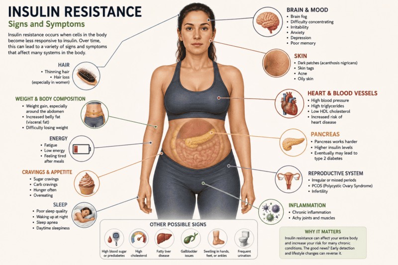 Medical illustration showing possible signs and symptoms associated with insulin resistance, including abdominal weight gain, fatigue, cravings, skin changes, high blood pressure and PCOS.