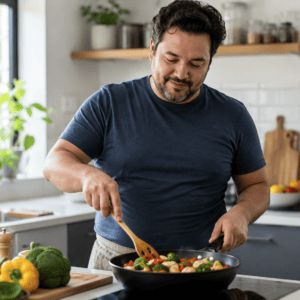 Man preparing a healthy lower-glycemic meal with protein and colourful vegetables to support insulin sensitivity and metabolic health.
