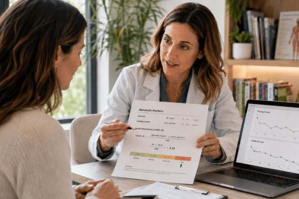 Naturopathic doctor reviewing fasting glucose, fasting insulin and HOMA-IR results with a patient during a metabolic health consultation.