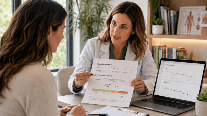 Naturopathic doctor reviewing fasting glucose, fasting insulin and HOMA-IR results with a patient during a metabolic health consultation.