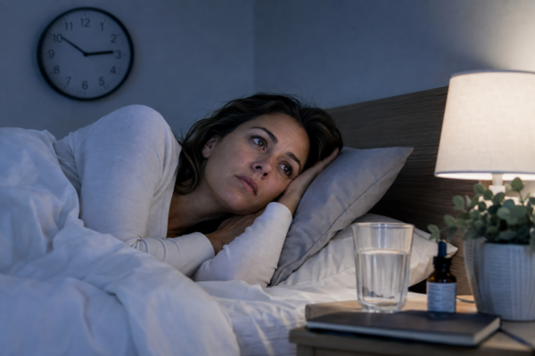 Woman lying awake in bed at night, representing insomnia, nighttime waking and difficulty falling back asleep.