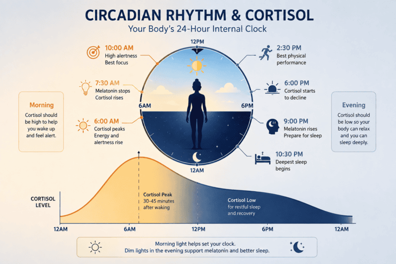 Circadian rhythm illustration showing how cortisol normally rises in the morning and declines through the day while melatonin rises in the evening.