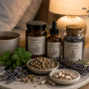 Herbal sleep support with lemon balm, passionflower, lavender, chamomile and calming herbal tea beside a bed.
