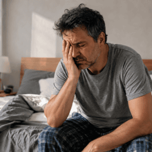 Tired man sitting on the edge of his bed in the morning after a poor night of sleep.