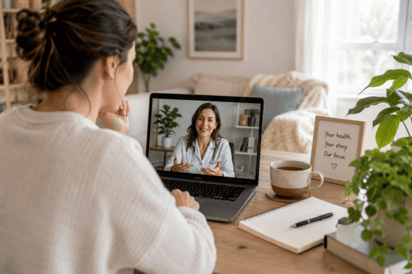 Patient attending a virtual naturopathic appointment from home by video call with a naturopathic doctor.