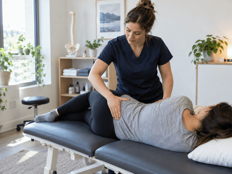 Osteopathic manual practitioner providing gentle hands-on treatment to a patient’s hip and lower back in a bright clinical setting.