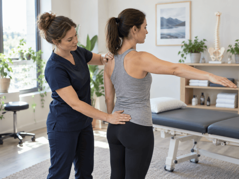 Osteopathic manual practitioner assessing a patient’s shoulder, spine and pelvic alignment during a standing movement assessment.