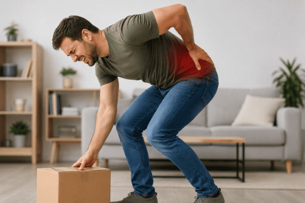 Man bending to lift a box while experiencing sudden lower back pain, illustrating how lifting can trigger or aggravate acute low back pain.