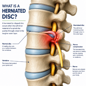 Close-up medical illustration of a lumbar herniated disc pressing on a spinal nerve, with labeled vertebrae, discs, and nerve compression.