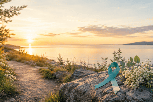Teal suicide awareness ribbon with white flowers beside a peaceful lake at sunset.